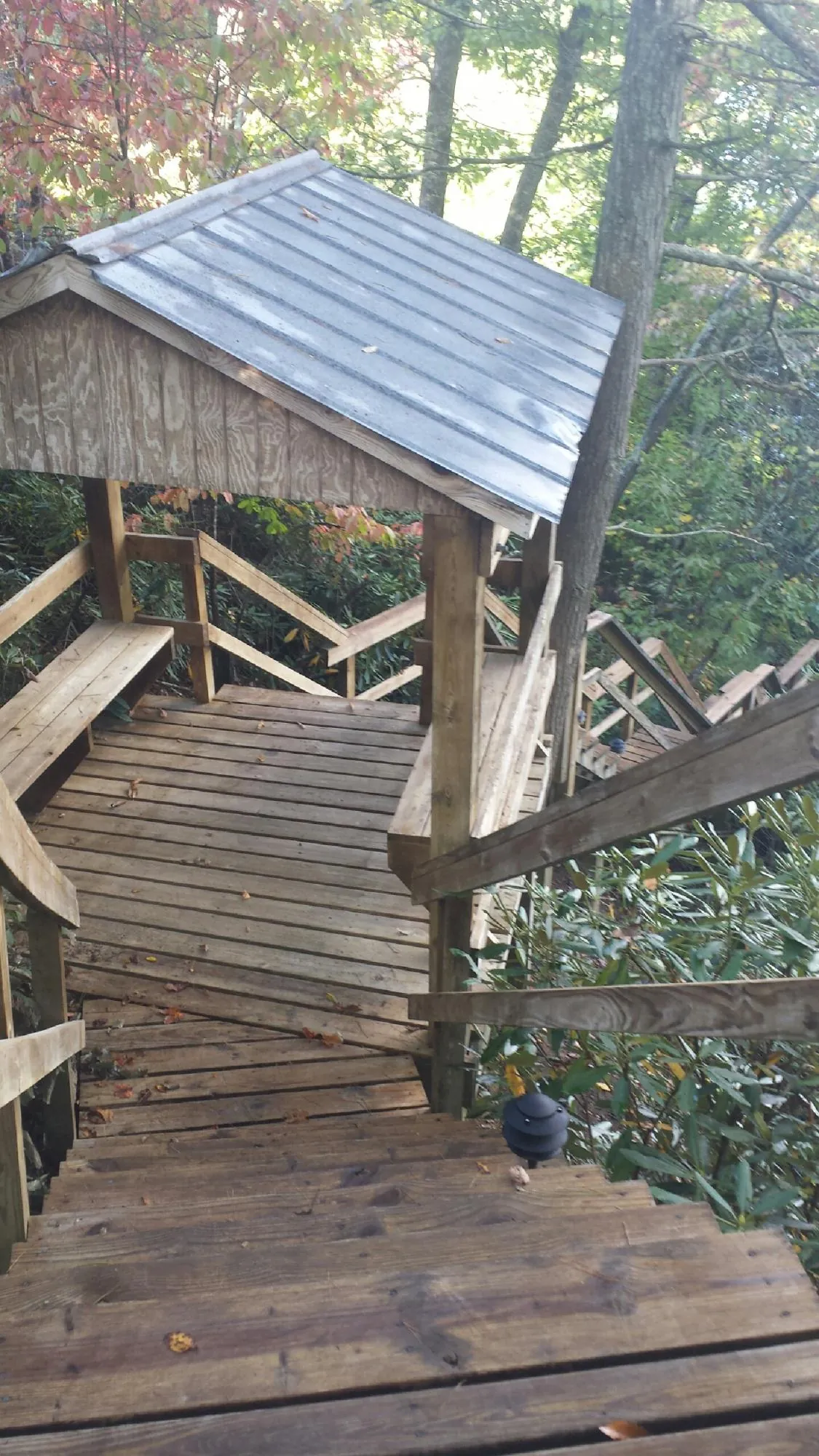 Metal roofed shelter over wooden steps on a wooded walkway — Skylight Repair & Installation work by our crew in Algona